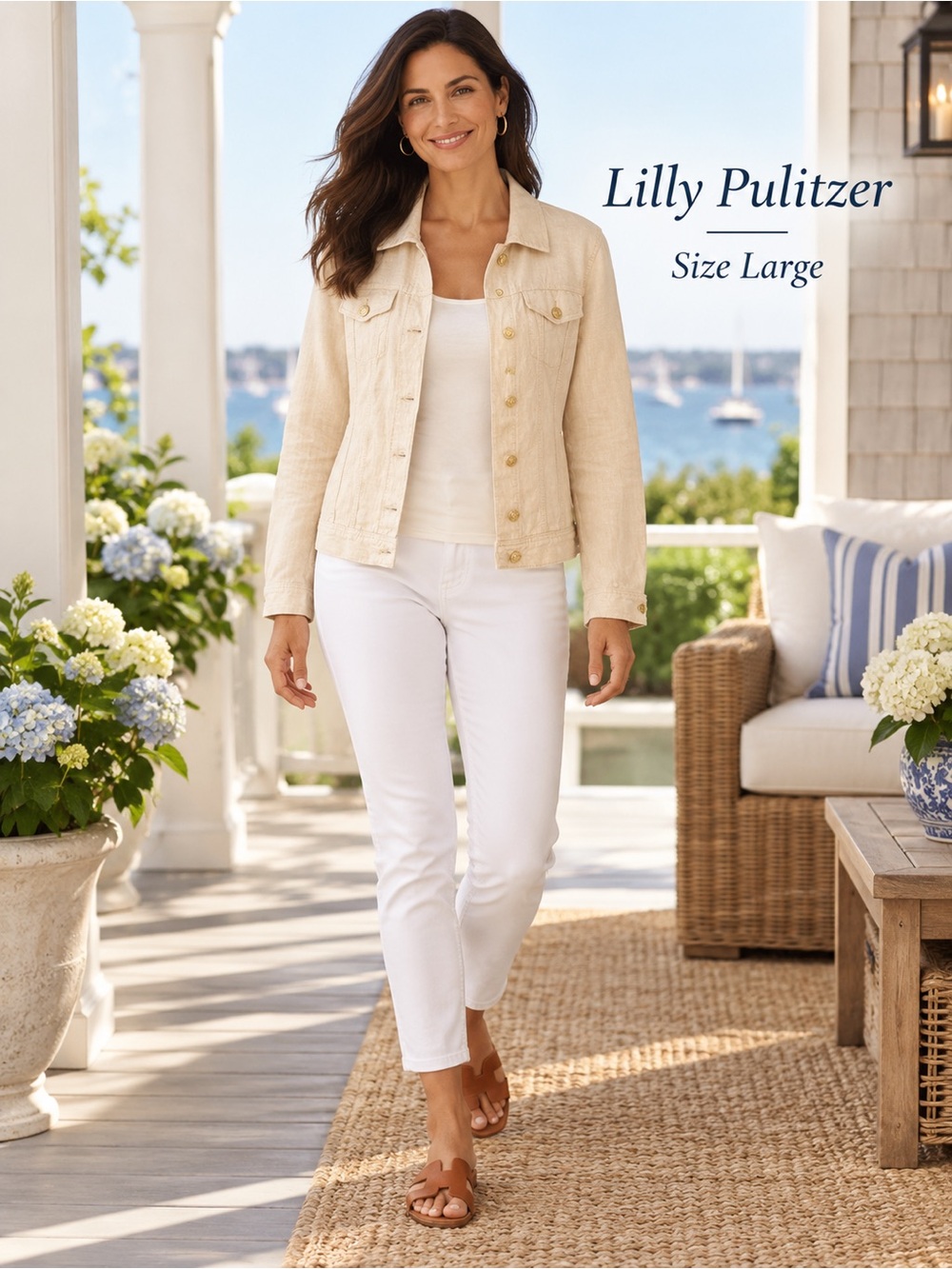 Lilly Pulitzer Beachside Linen Jacket Large Beige Gold Buttons Coastal